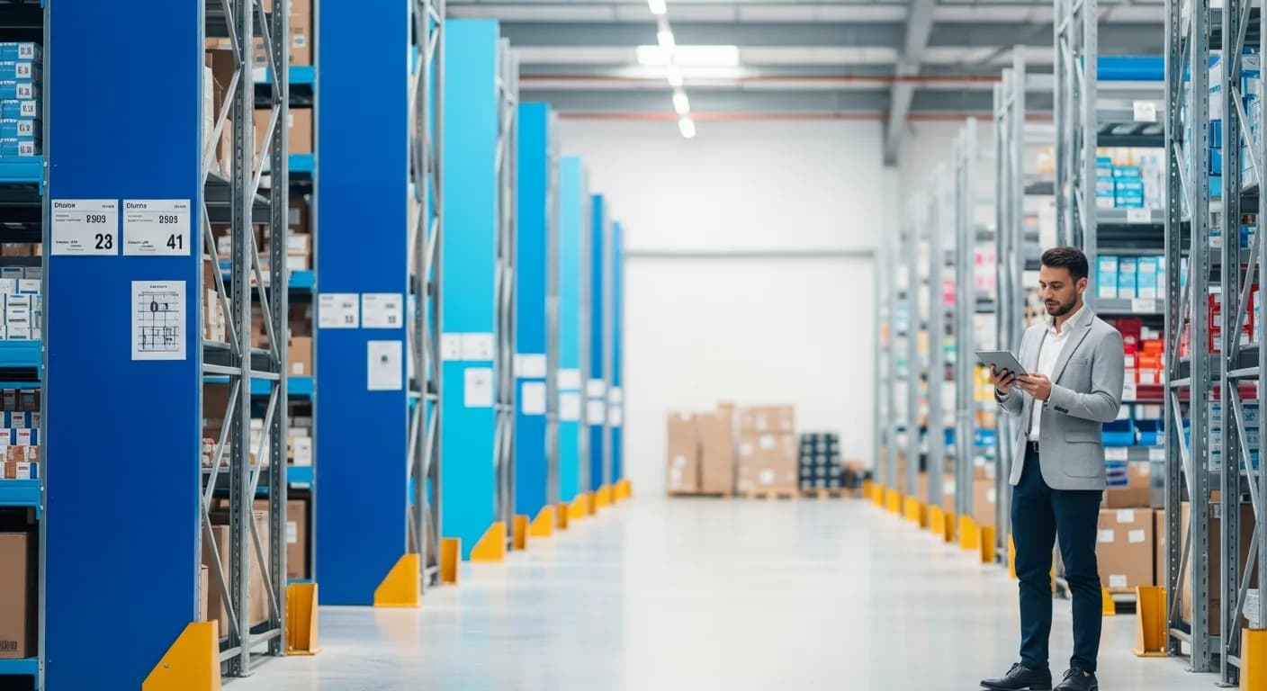 Magazijnmedewerker controleert voorraad op een tablet tussen de stellingen