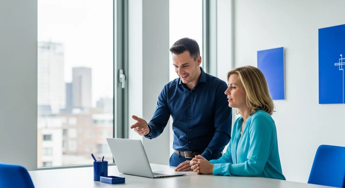 Twee collega's bekijken samen een scherm tijdens een werkoverleg